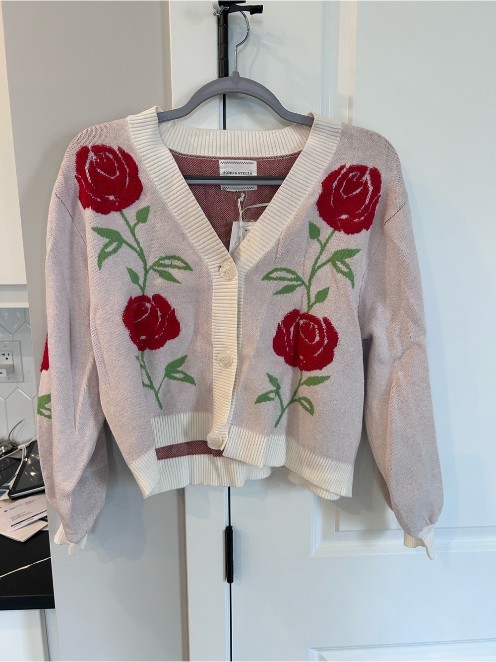 NWT Soho & Stella Rose Print Cardigan Oversized Cream Floral Romantic Prairie